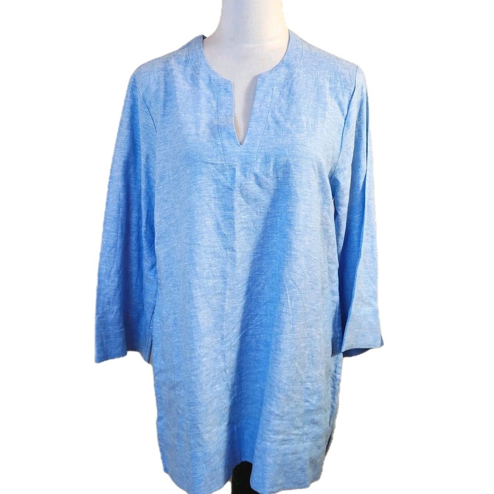 Lands End Womens Tunic Top Medium Blue Linen Classic Split Neck Chic Beach Shirt